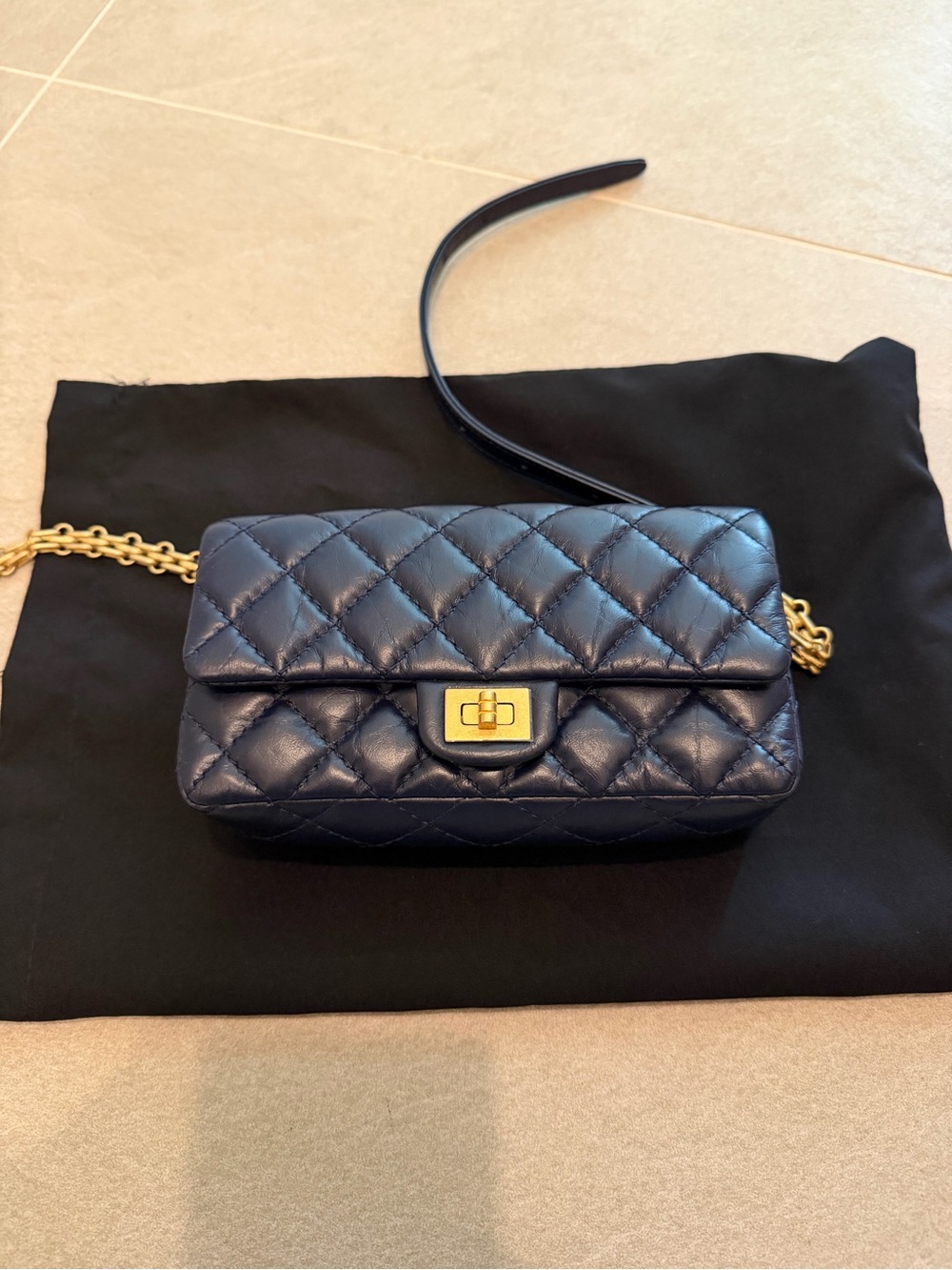 Quilted Navy Leather Crossbody Bag with Gold Chain